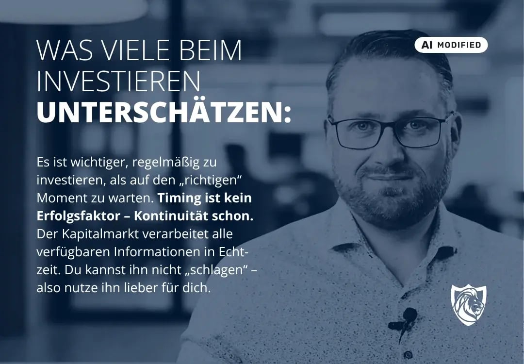 Sven Stopka neben Schriftzug „Was viele beim Investieren unterschätzen: Timing ist kein Erfolgsfaktor – Kontinuität schon“