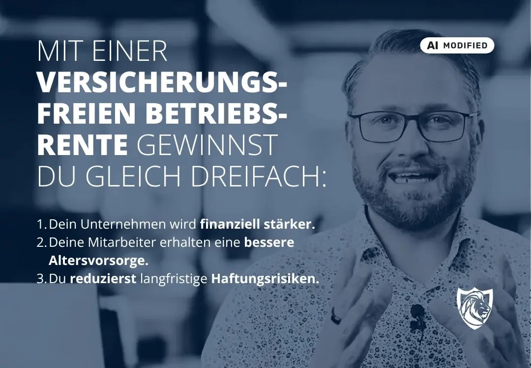 Sven Stopka neben Schriftzug „Mit einer versicherungsfreien Betriebsrente gewinnst du gleich dreifach“ mit Vorteilen für Unternehmen und Mitarbeiter
