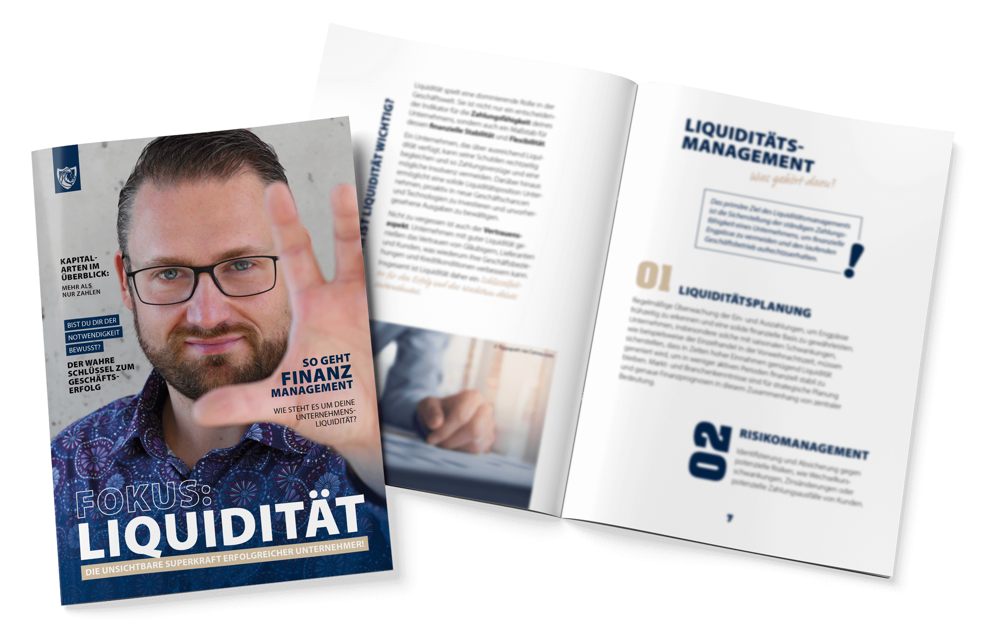 Broschüre mit dem Titel Fokus:Liquidität und Sven Stopka auf dem Cover