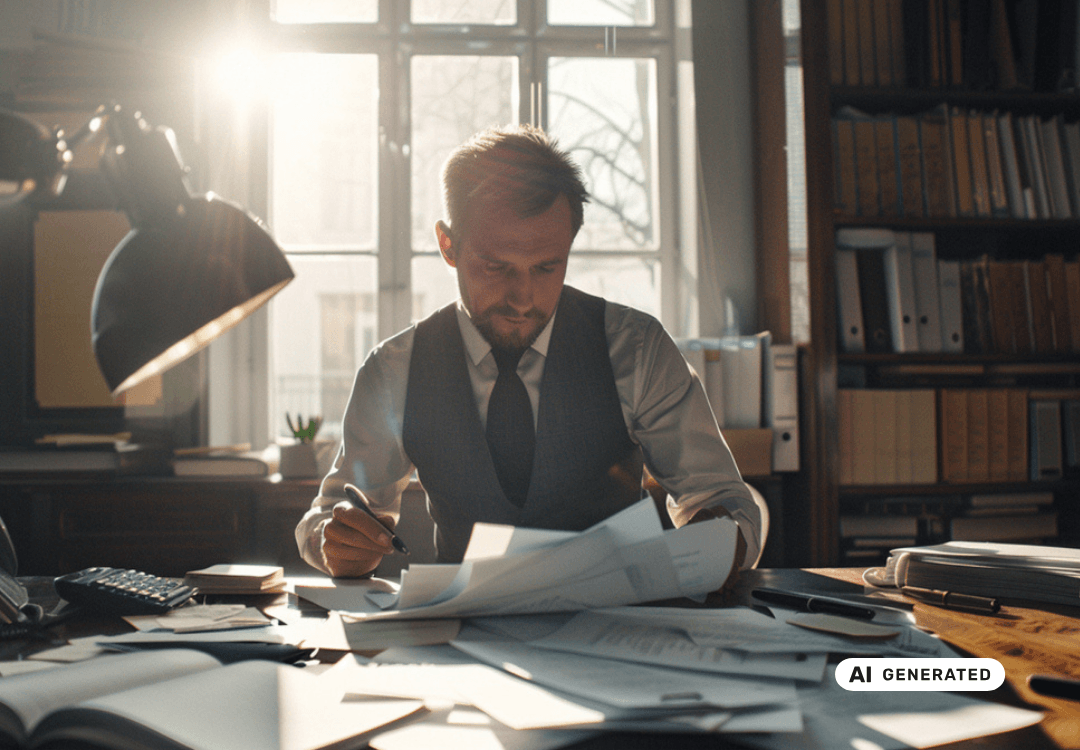 Mann arbeitet an einem Schreibtisch voller Dokumente