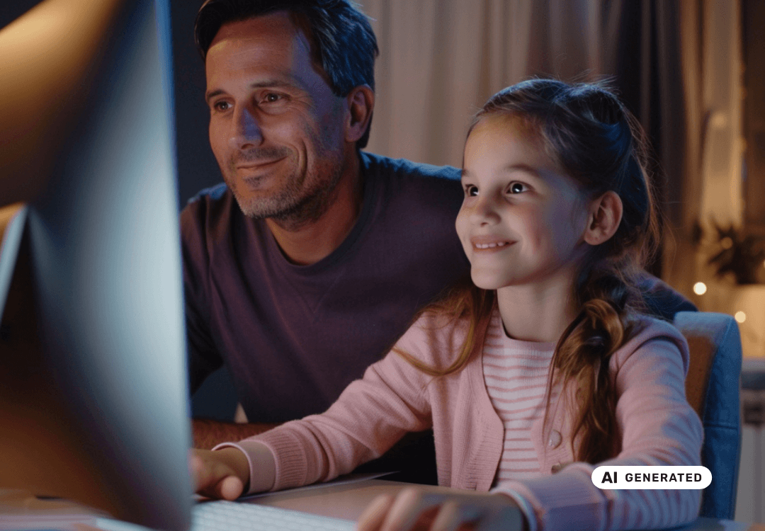Vater und Tochter sitzen vor einem Computer und lächeln