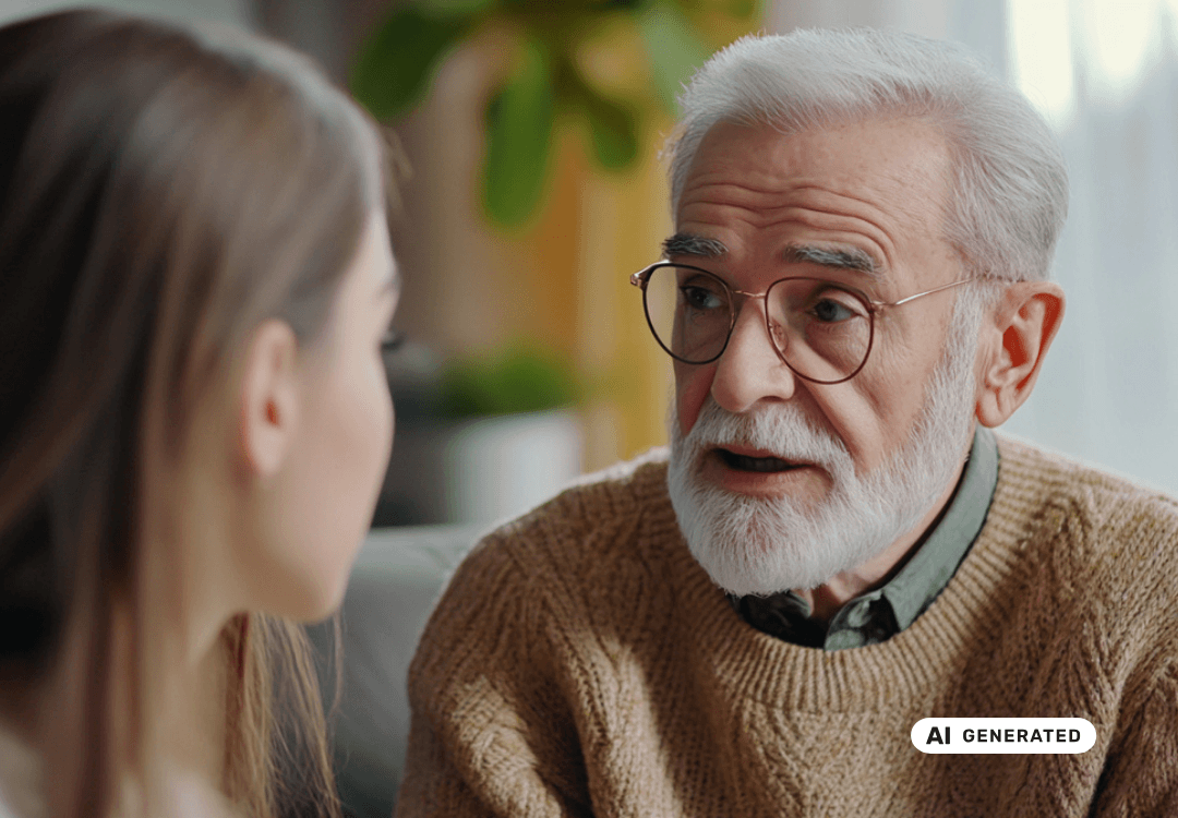 Älterer Mann mit Brille spricht mit einer jungen Frau