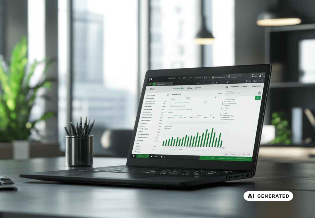 Laptop auf Schreibtisch zeigt ein Dashboard mit Balkendiagramm