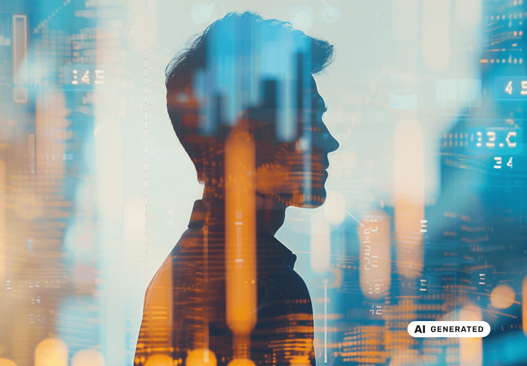 Seitliches Profil eines Mannes umgeben von virtuellen Daten