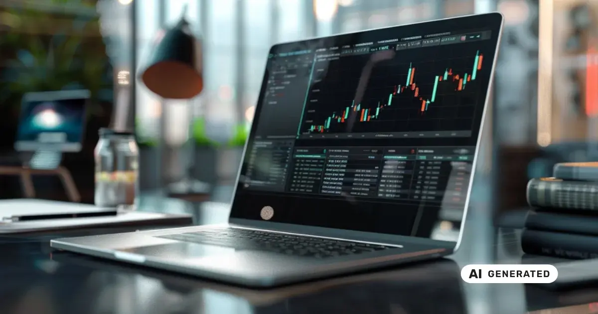 Laptop mit geöffneten Finanzdiagrammen auf einem Schreibtisch