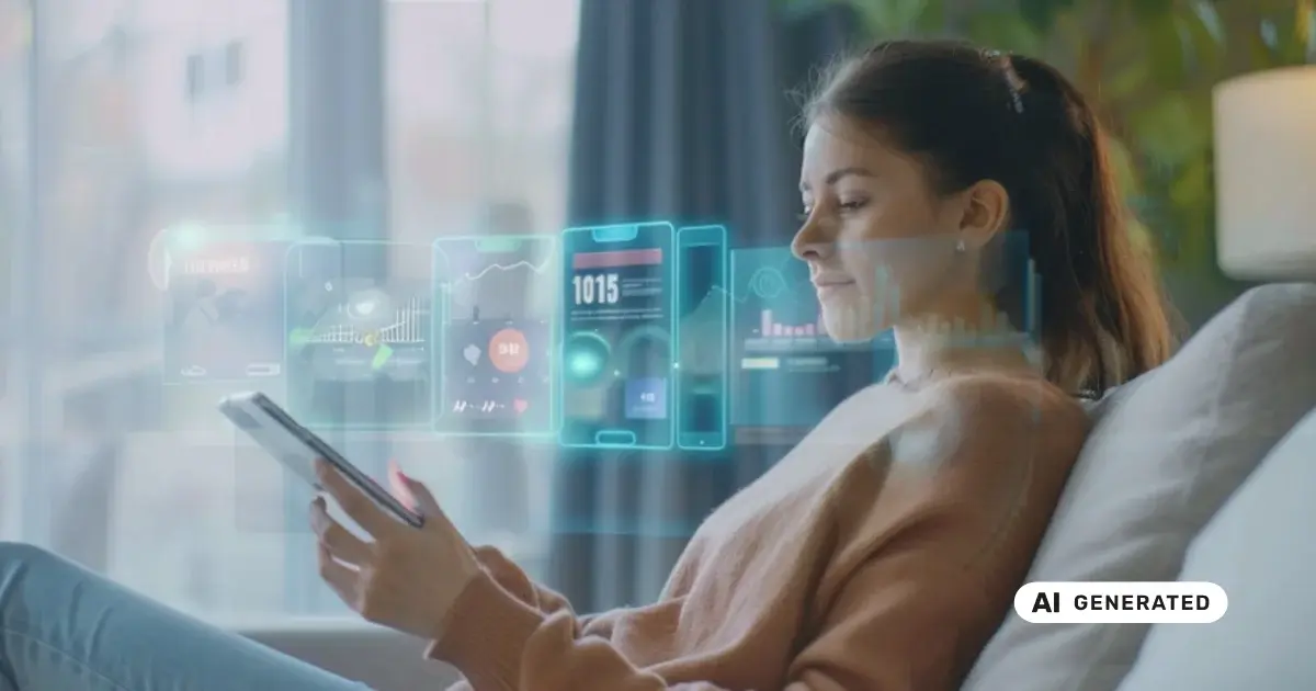 Frau benutzt Tablet, über dem virtuelle Diagramme schweben