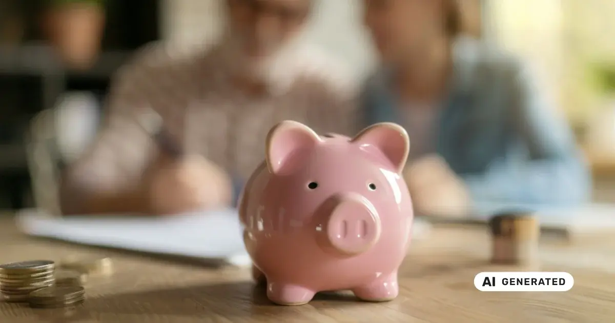 Rosa Sparschwein auf einem Tisch, im Hintergrund unscharfe Personen