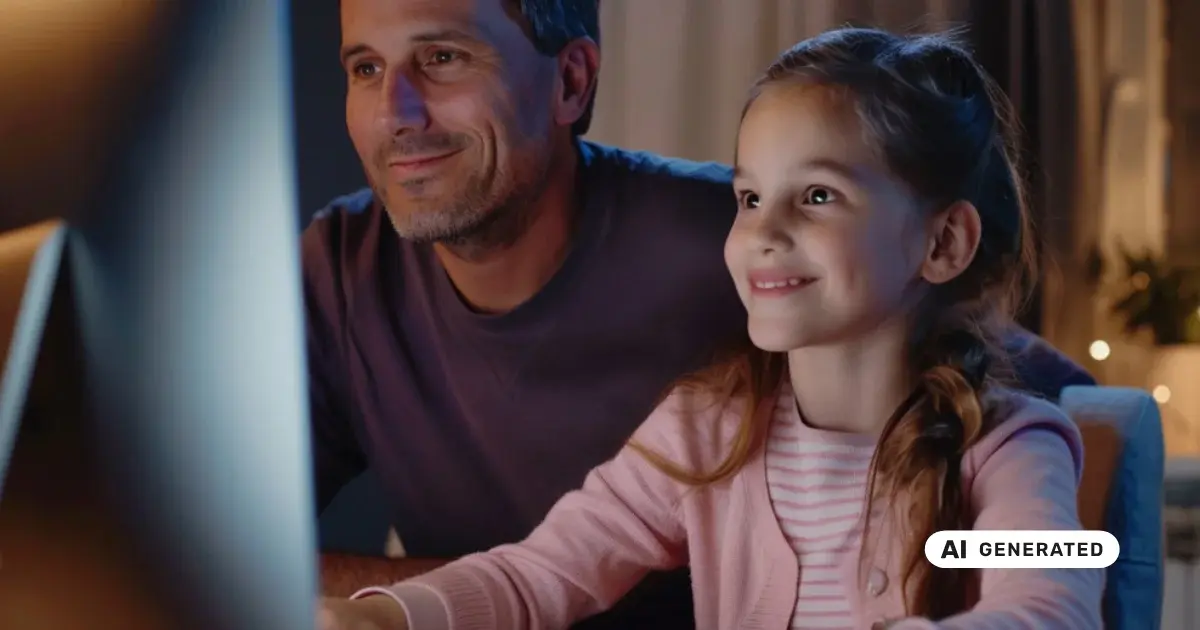 Vater und Tochter sitzen vor einem Computer und lächeln