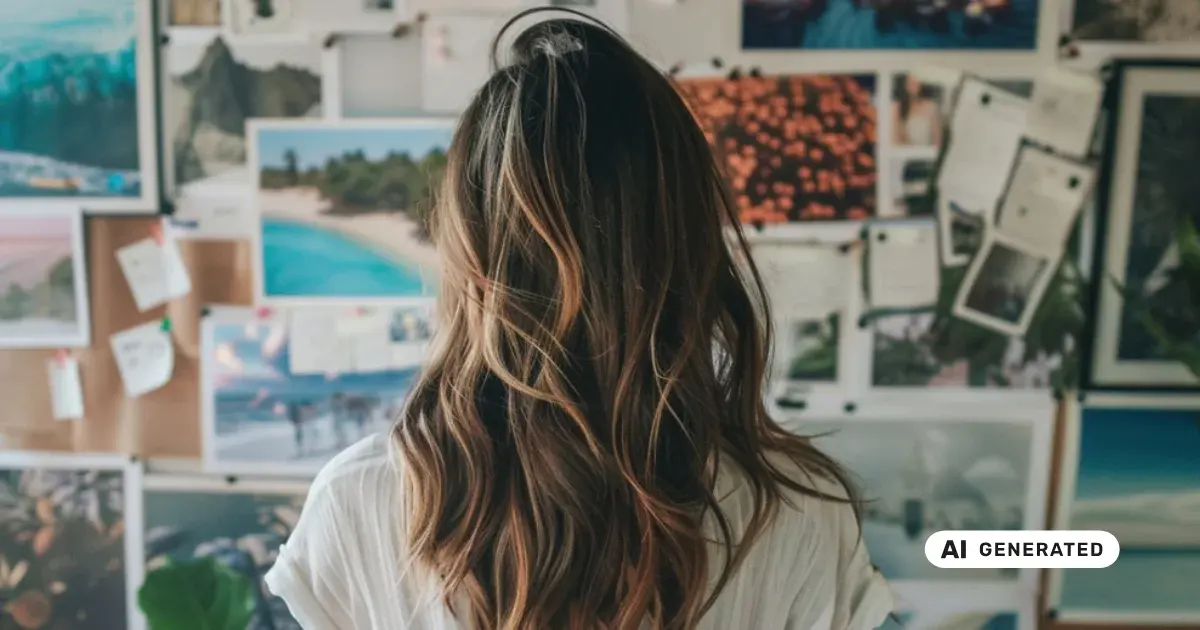 Frau betrachtet ihr Visionboard mit Fotos und Notizen
