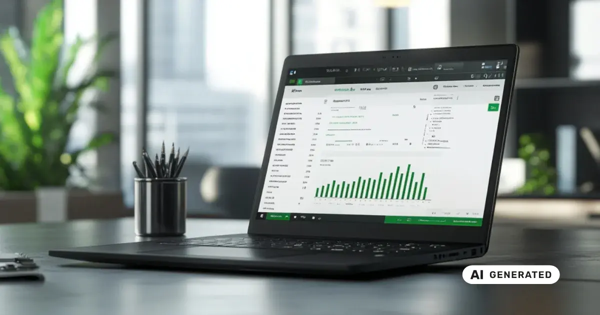 Laptop auf Schreibtisch zeigt ein Dashboard mit Balkendiagramm