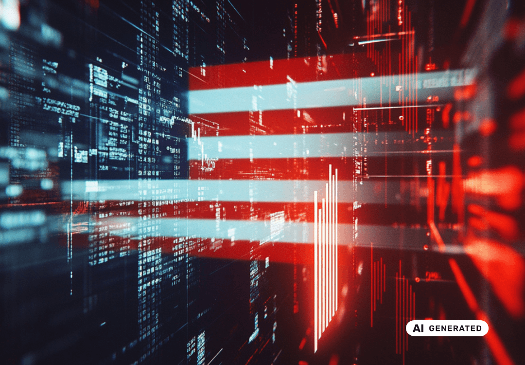 Digitale Darstellung der US-Flagge mit Finanzdaten im Hintergrund