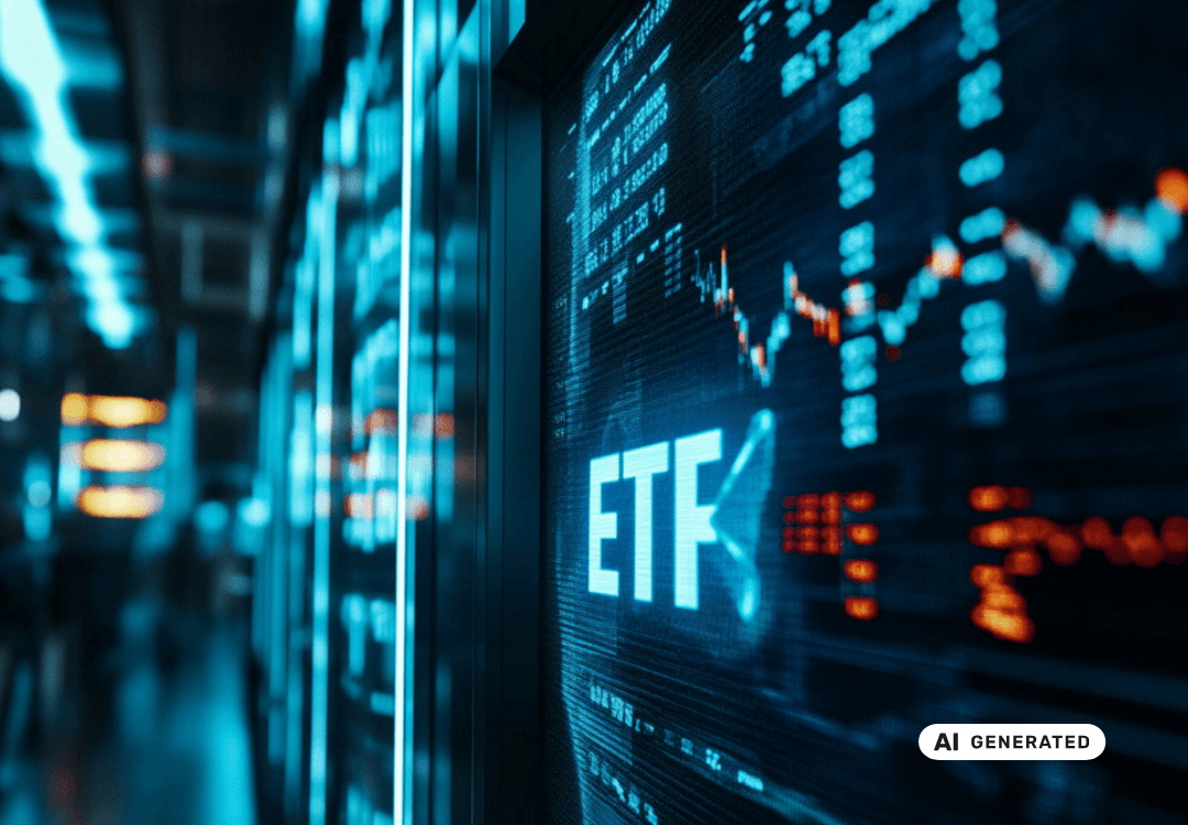 Leuchtender ETF-Schriftzug mit Aktienkursen im Hintergrund