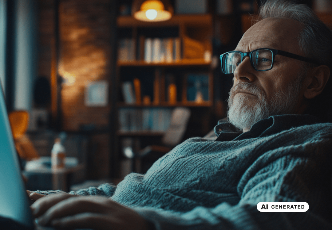 Älterer Mann arbeitet konzentriert an einem Laptop in gemütlicher Umgebung
