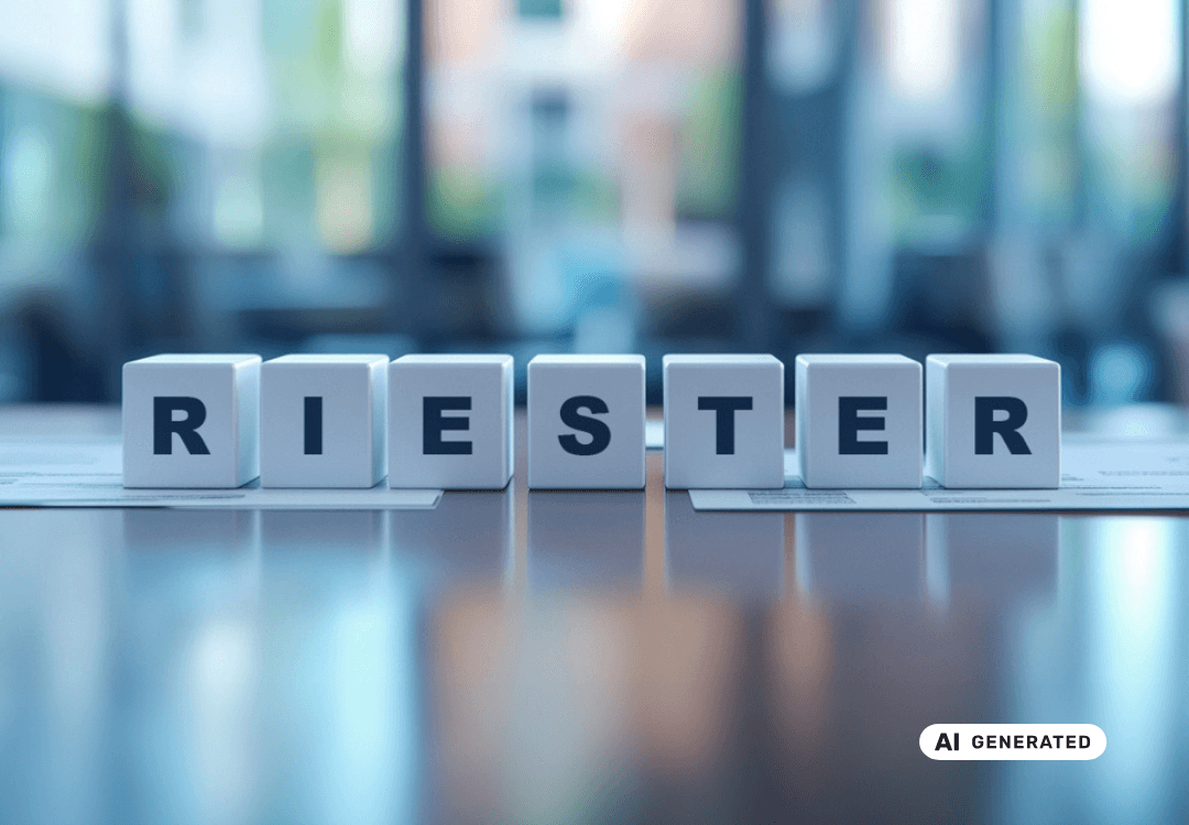 Das Wort RIESTER steht aus weißen Würfeln zusammengesetzt auf einem Schreibtisch
