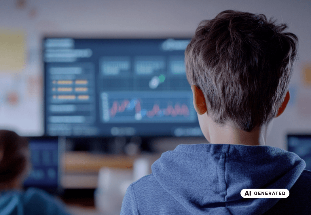 Schüler blickt auf einen Bildschirm mit Finanzdiagrammen