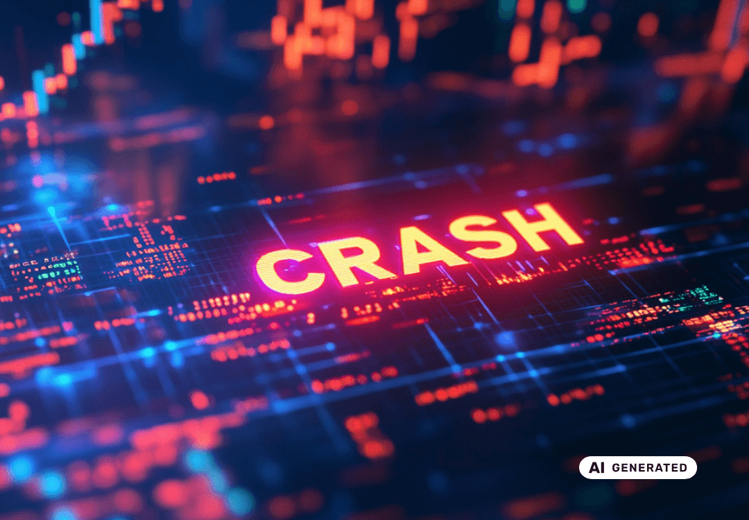 Leuchtender Schriftzug CRASH auf einem digitalen Finanzdaten-Hintergrund