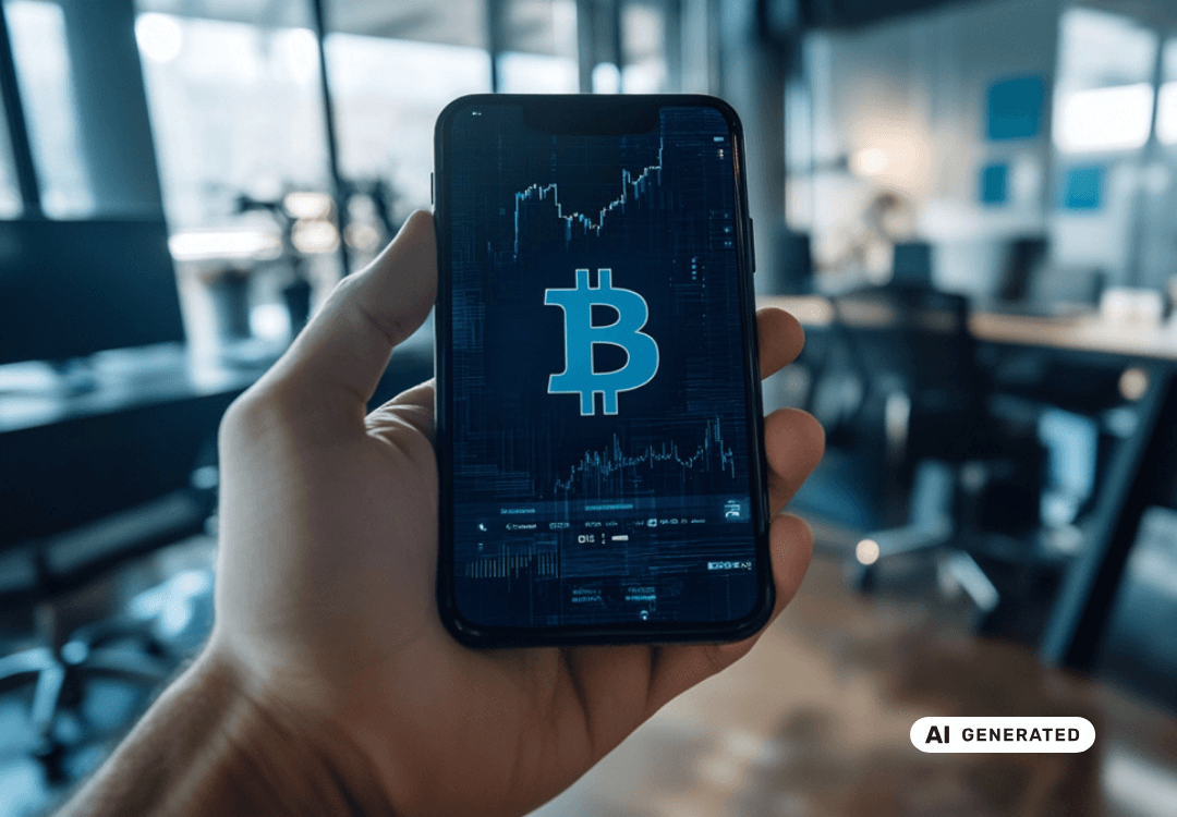 Hand hält Smartphone mit Bitcoin-Symbol und Kursdiagramm, im Hintergrund modernes Büro