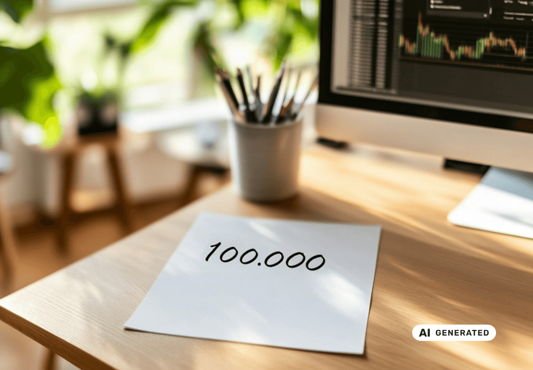 Papier mit der Zahl 100.000 auf einem Schreibtisch, im Hintergrund ein Computerbildschirm mit Finanzcharts