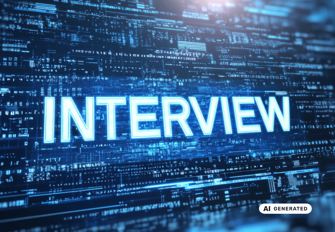 Leuchtendes Wort „INTERVIEW“ vor digitalem Datenhintergrund