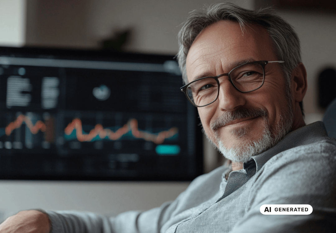 Älterer Mann mit Brille lächelt vor einem Bildschirm mit Börsencharts