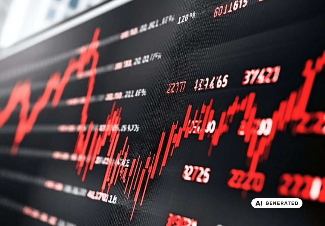 Rote fallende Börsenkurse auf einem digitalen Chart, symbolisieren eine Finanzkrise