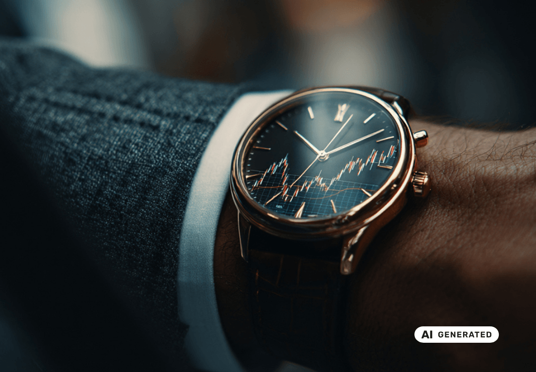 Armbanduhr mit Kurs-Chart am Handgelenk eines Mannes
