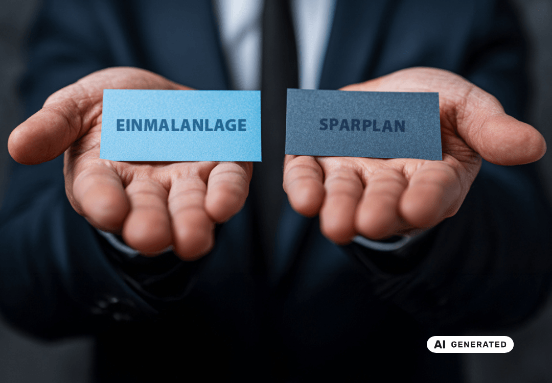 Mann hält zwei Karten in den Händen, Einmalanlage und Sparplan