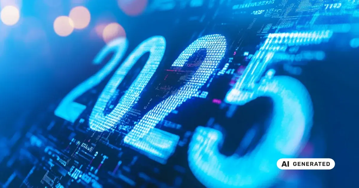 Zahl 2025, eingebettet in einen digitalen Hintergrund mit Finanzdaten