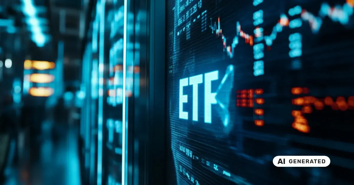 Leuchtender ETF-Schriftzug mit Aktienkursen im Hintergrund