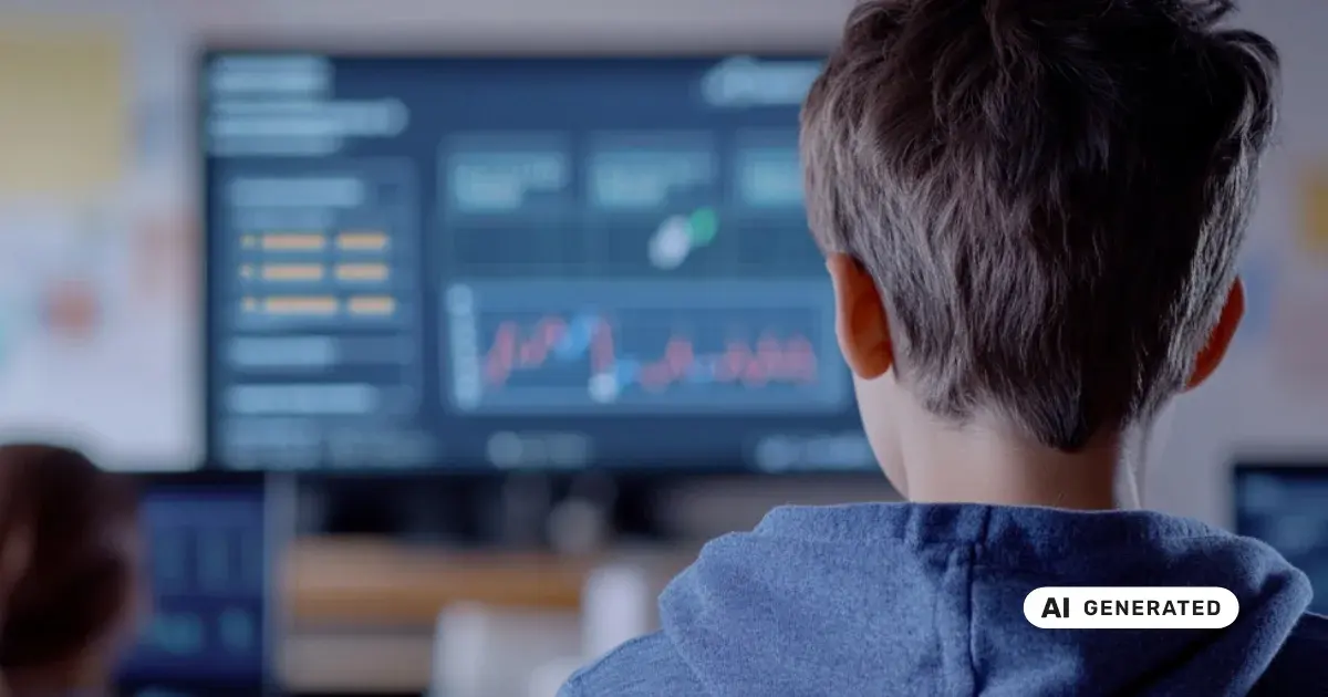 Schüler blickt auf einen Bildschirm mit Finanzdiagrammen