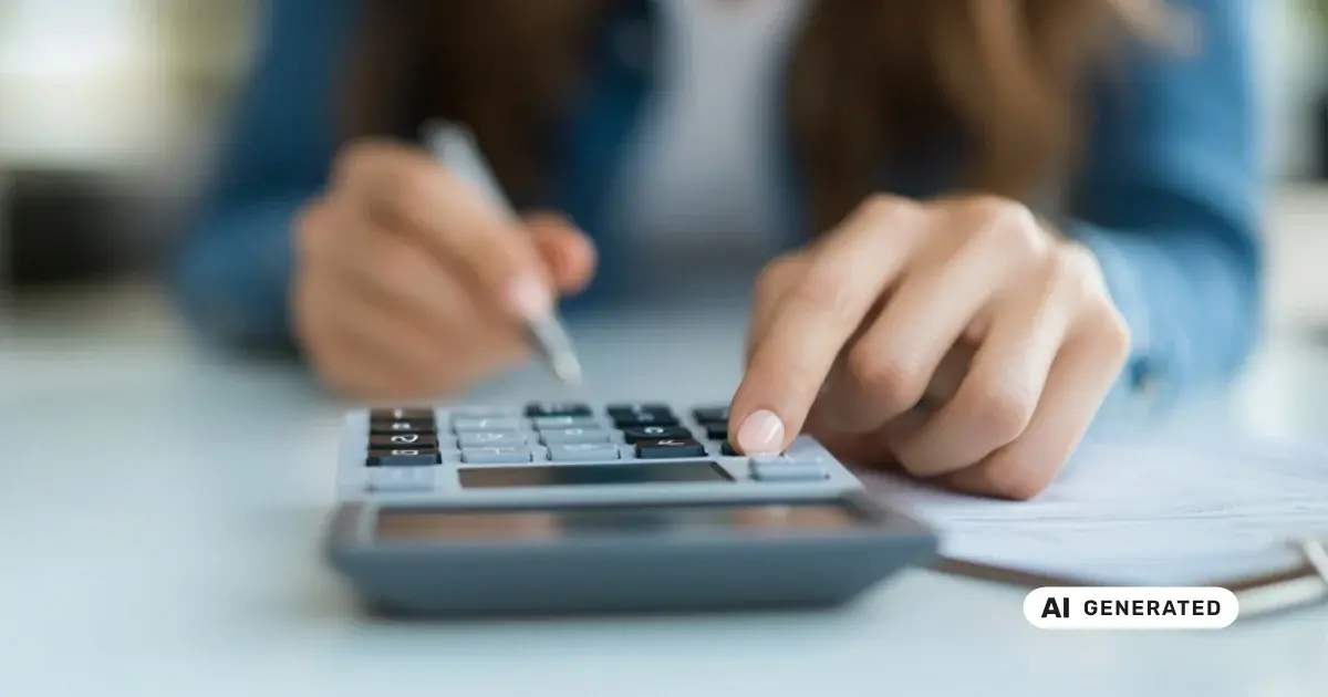 Frau berechnet Finanzen mit einem Taschenrechner, während sie Notizen macht