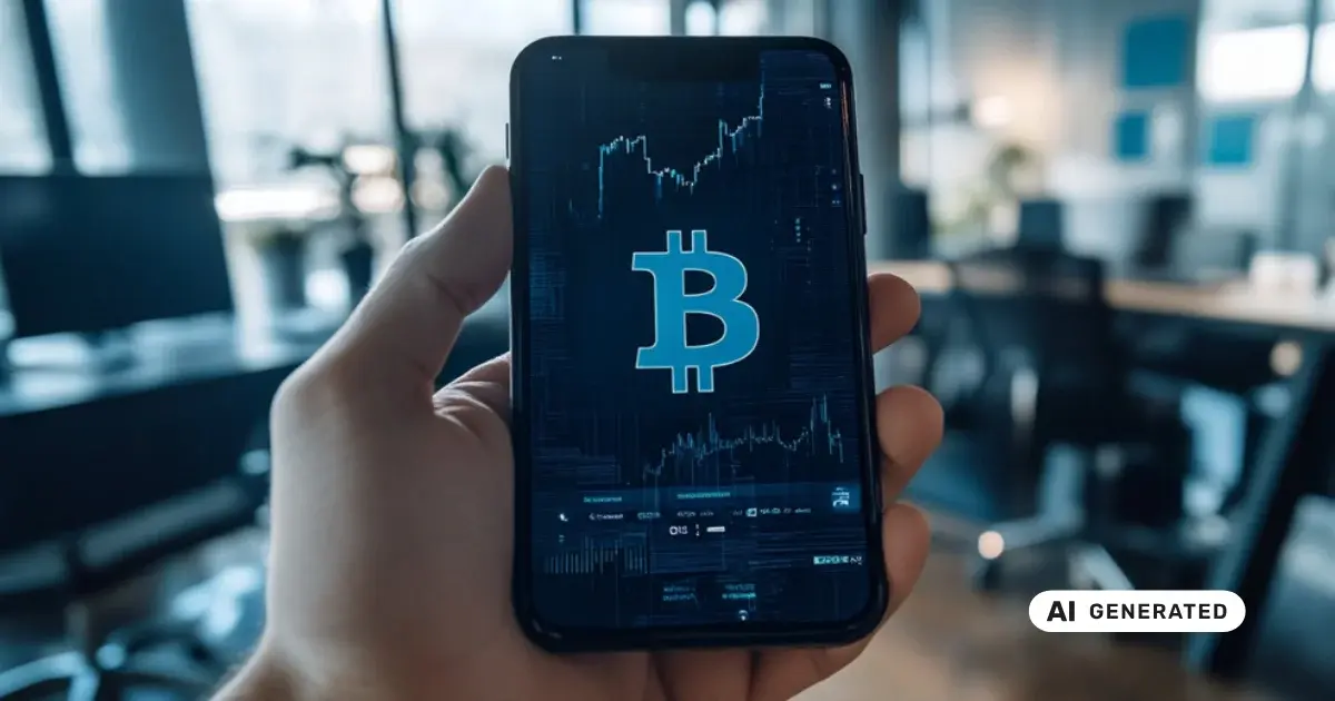 Hand hält Smartphone mit Bitcoin-Symbol und Kursdiagramm, im Hintergrund modernes Büro