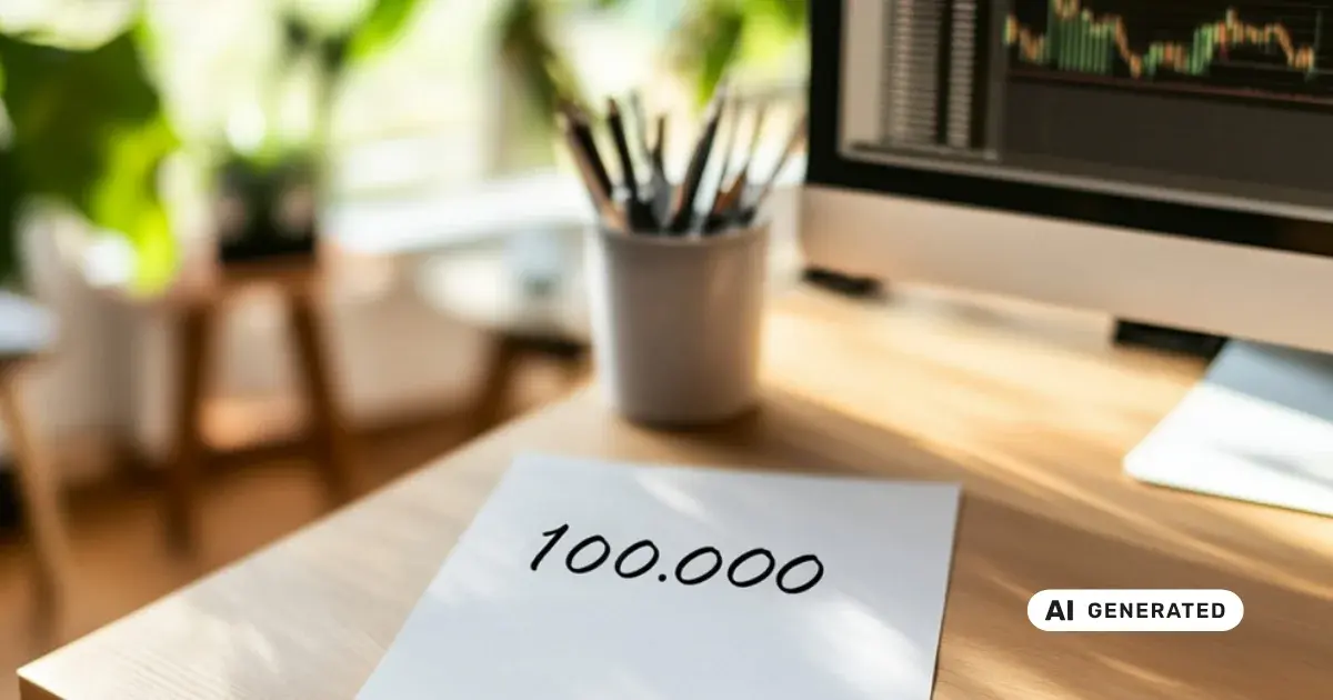 Papier mit der Zahl 100.000 auf einem Schreibtisch, im Hintergrund ein Computerbildschirm mit Finanzcharts