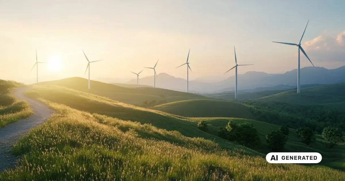 Windräder auf grünen Hügeln im Sonnenuntergang