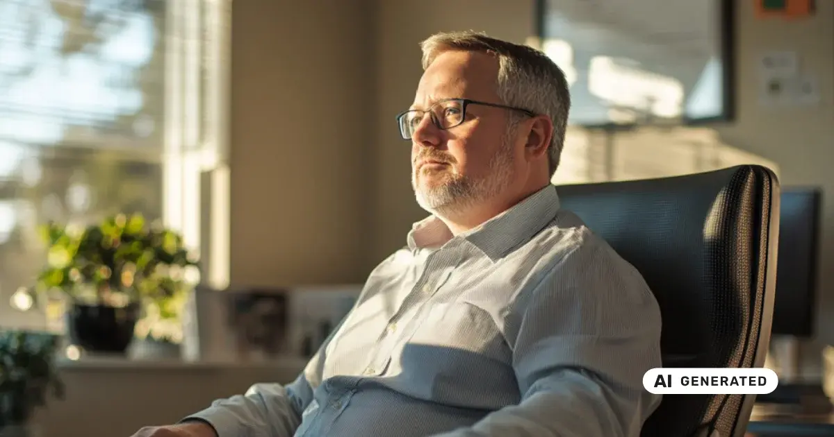 Nachdenklicher Mann sitzt in seinem Büro am Schreibtisch