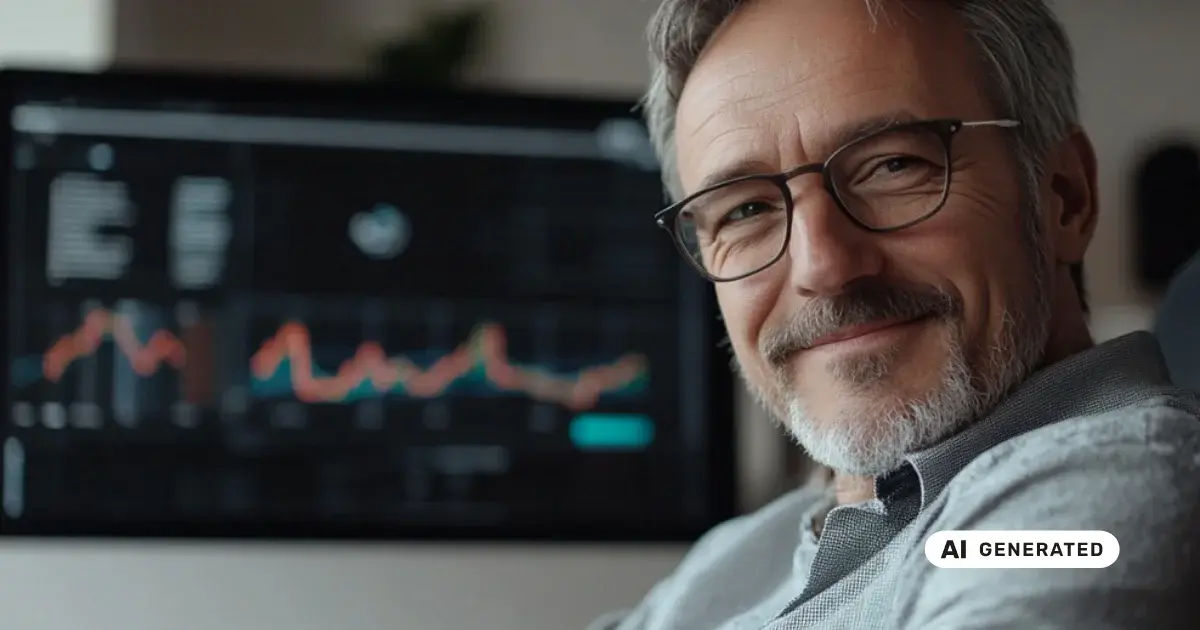 Älterer Mann mit Brille lächelt vor einem Bildschirm mit Börsencharts