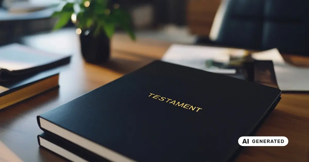 Schwarzer Ordner mit der Aufschrift Testament auf einem Schreibtisch im Büro