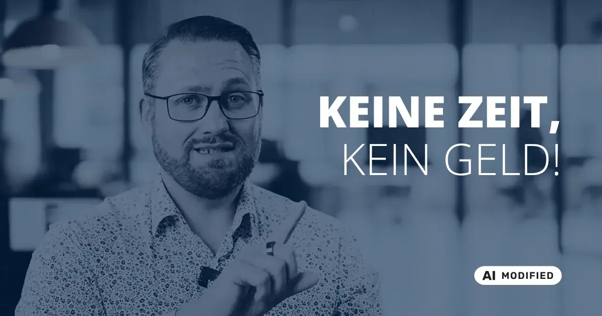 Sven Stopka neben Schriftzug „Keine Zeit, kein Geld“ zum Thema Vermögensaufbau
