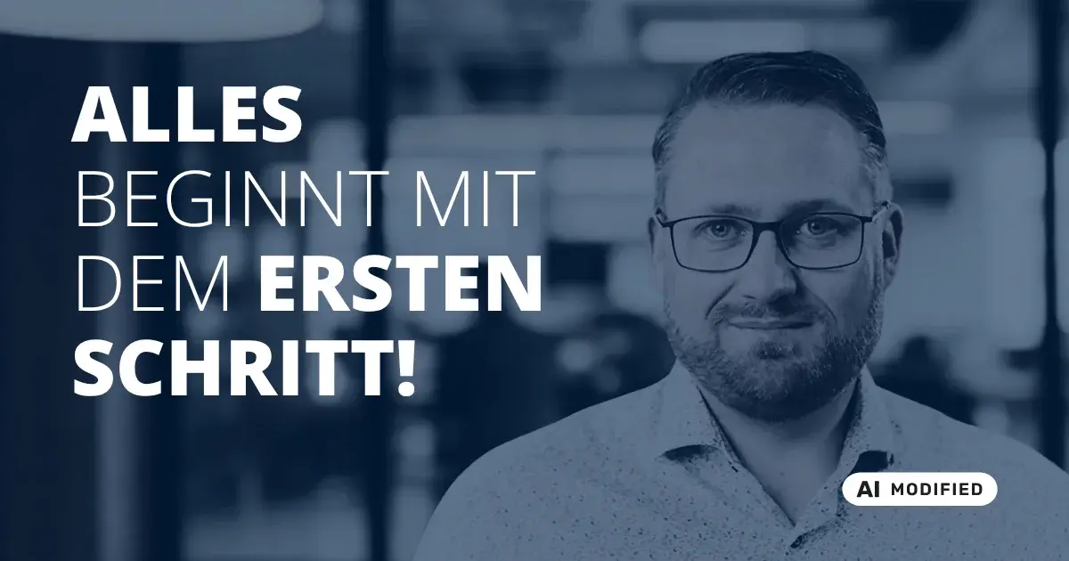 Sven Stopka neben Schriftzug „Alles beginnt mit dem ersten Schritt“ zum Thema Investieren