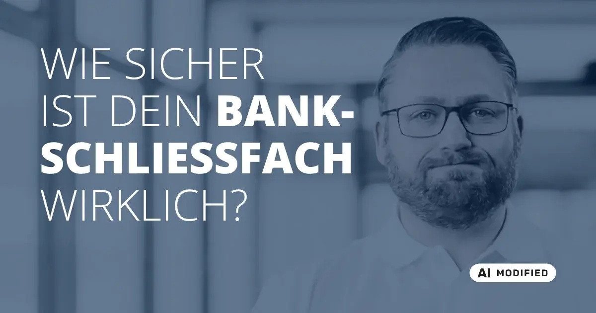 Sven Stopka neben Schriftzug „Wie sicher ist dein Bankschließfach wirklich“ zum Thema Bankschließfach