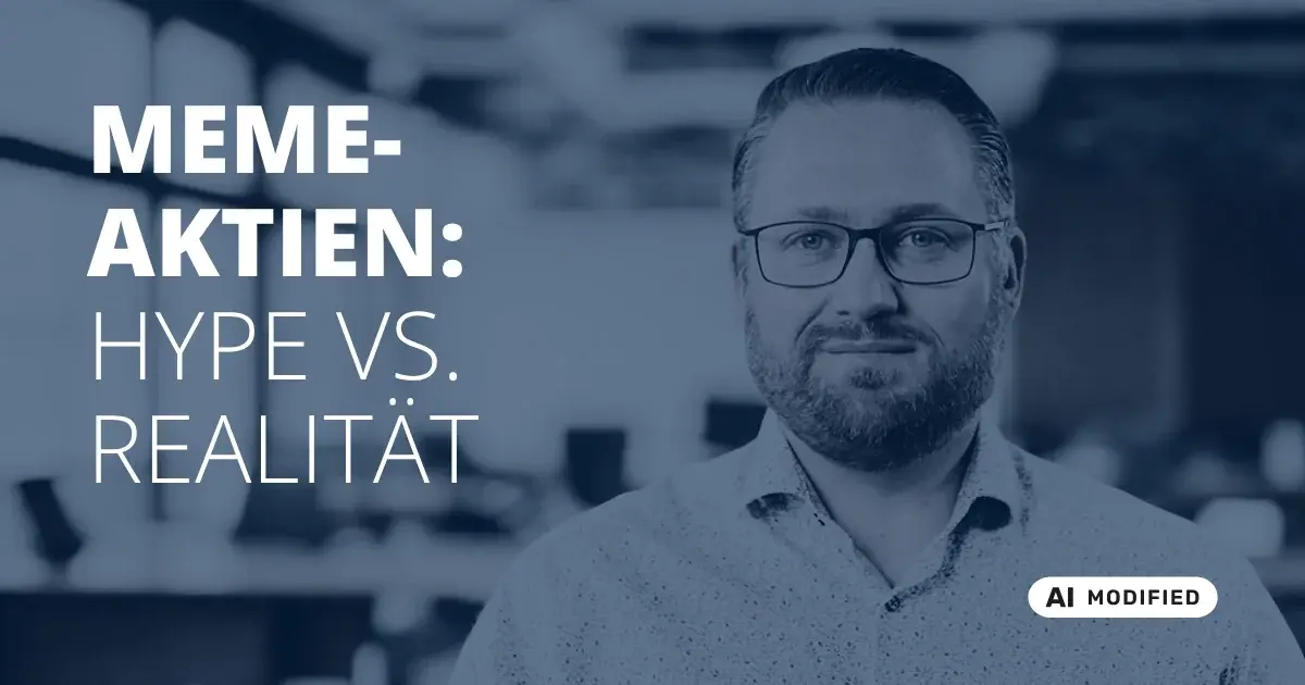Sven Stopka neben Schriftzug „Meme-Aktien: Hype vs. Realität“ zum Thema Geldanlage