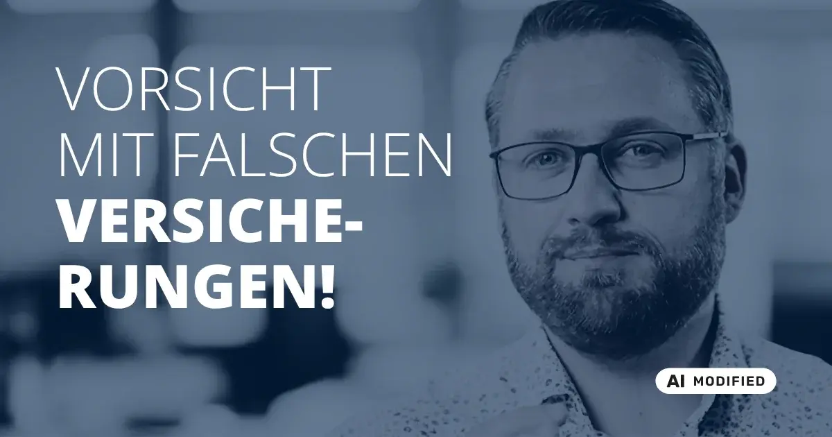 Sven Stopka neben Schriftzug „Vorsicht mit falschen Versicherungen“ zum Thema Vermögensaufbau