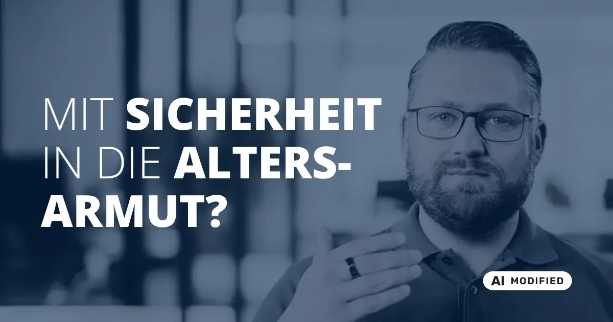 Sven Stopka neben Schriftzug „Mit Sicherheit in die Altersarmut“ zum Thema Altersvorsorge