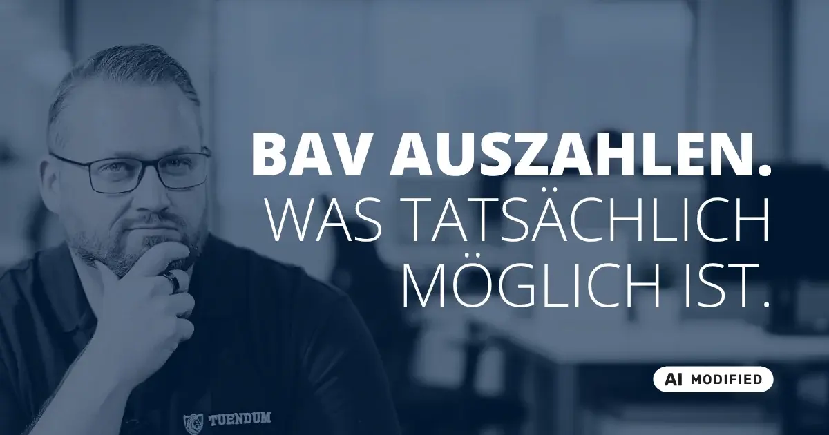 Sven Stopka neben Schriftzug „BAV auszahlen. Was tatsächlich möglich ist“ zum Thema Betriebliche Altersvorsorge