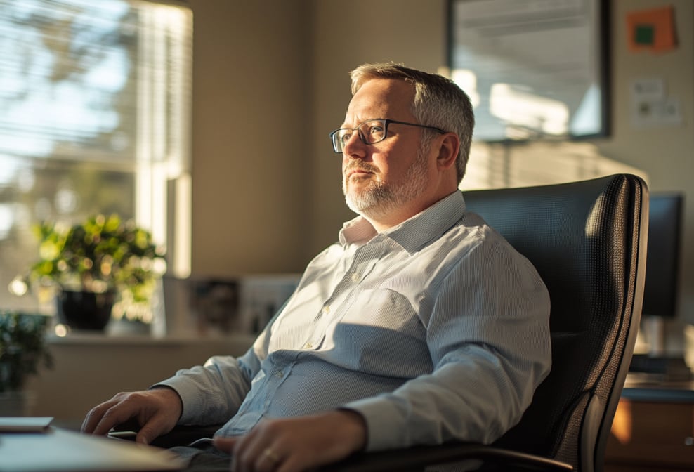 Nachdenklicher Mann sitzt in seinem Büro am Schreibtisch