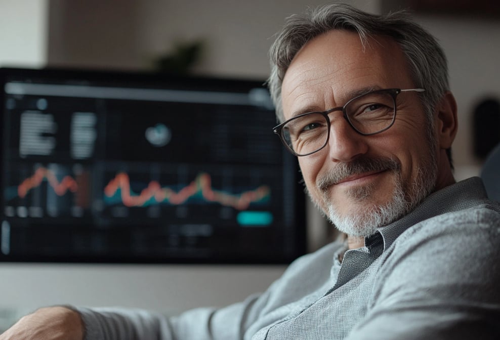 Älterer Mann mit Brille lächelt vor einem Bildschirm mit Börsencharts