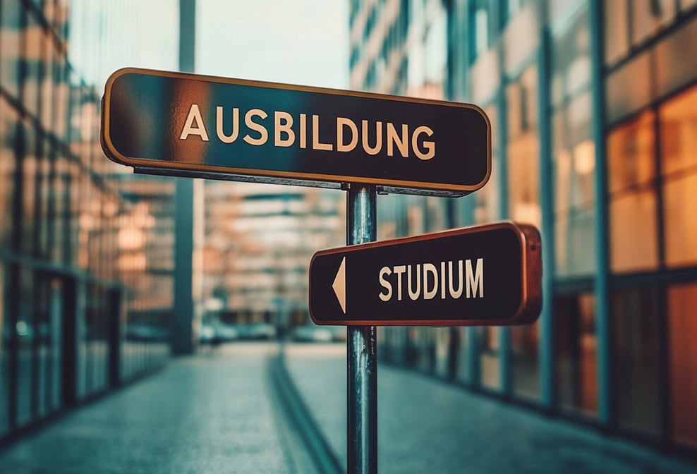 Wegweiser mit den Beschriftungen „Ausbildung“ und „Studium“