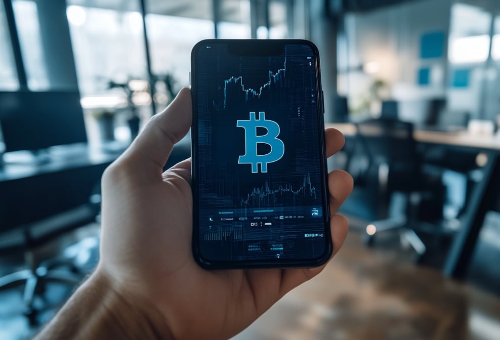 Hand hält Smartphone mit Bitcoin-Symbol und Kursdiagramm, im Hintergrund modernes Büro