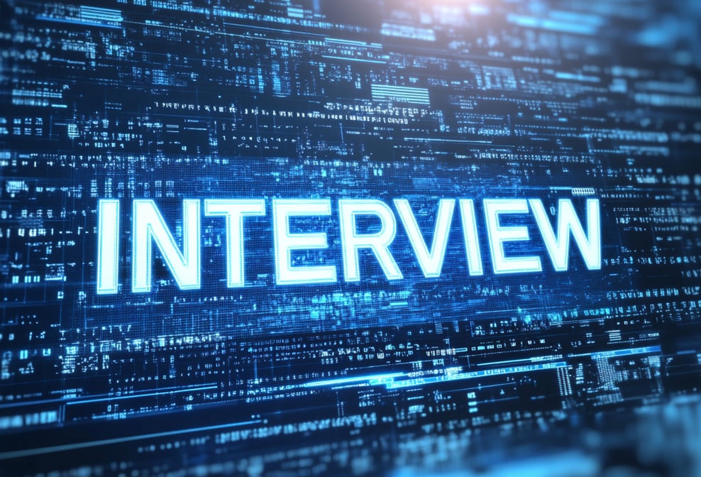 Leuchtendes Wort „INTERVIEW“ vor digitalem Datenhintergrund