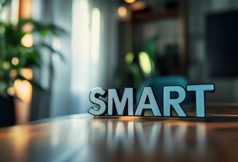 Dekorative Buchstaben formen das Wort SMART auf einem Tisch